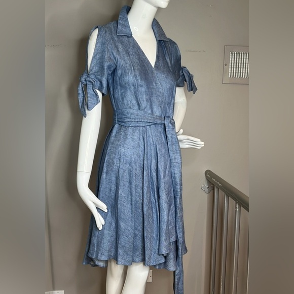 Milly Sz 2 Linen Chambray Blue Valerie Cold Shoulder Wrap Dress - Picture 2 of 11